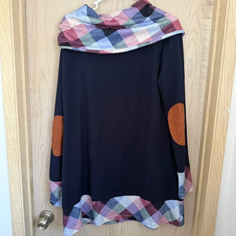 Cowl Neck LS Tunic Top XL Faux Suede Elbow Patches Plaid Cabincore Dark Academia